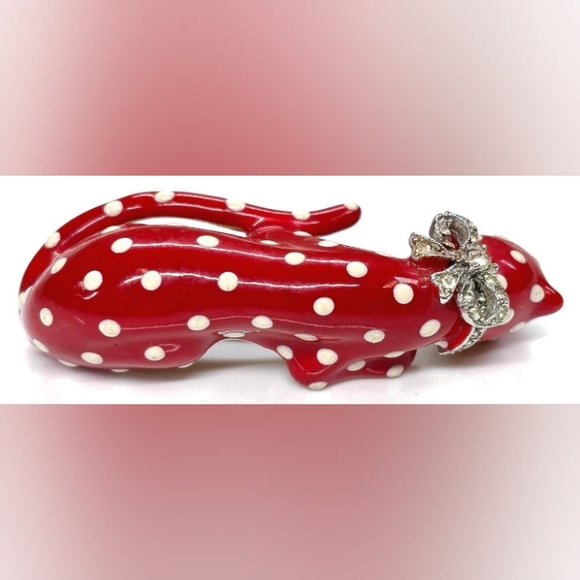 Kenneth Lane Enamel Crystal 1980's Red/White Polka Dot Leopard Signed VTG Brooch - Picture 5 of 16